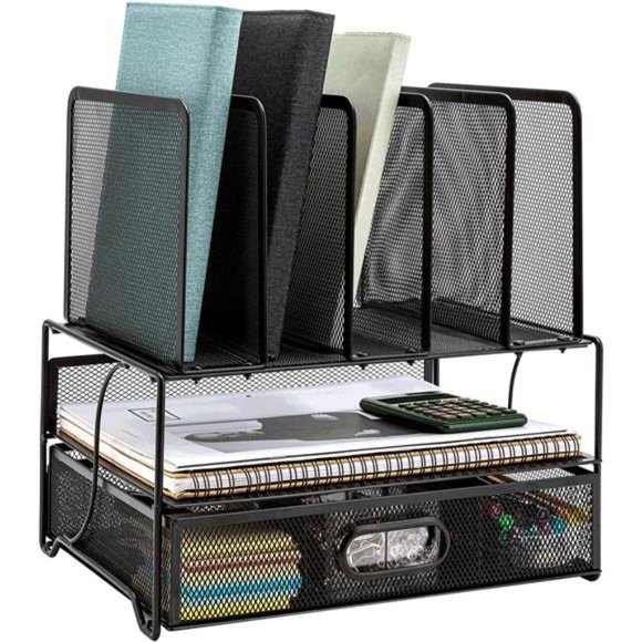 Mesh Desk Organizer with Sliding Drawer, Double Tray, Black - Picture 2 of 7